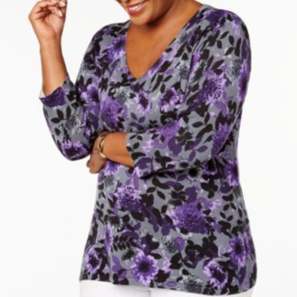 Karen Scott Red 3/4 Sleeve V-Neck Floral-Print Top - Picture 6 of 6